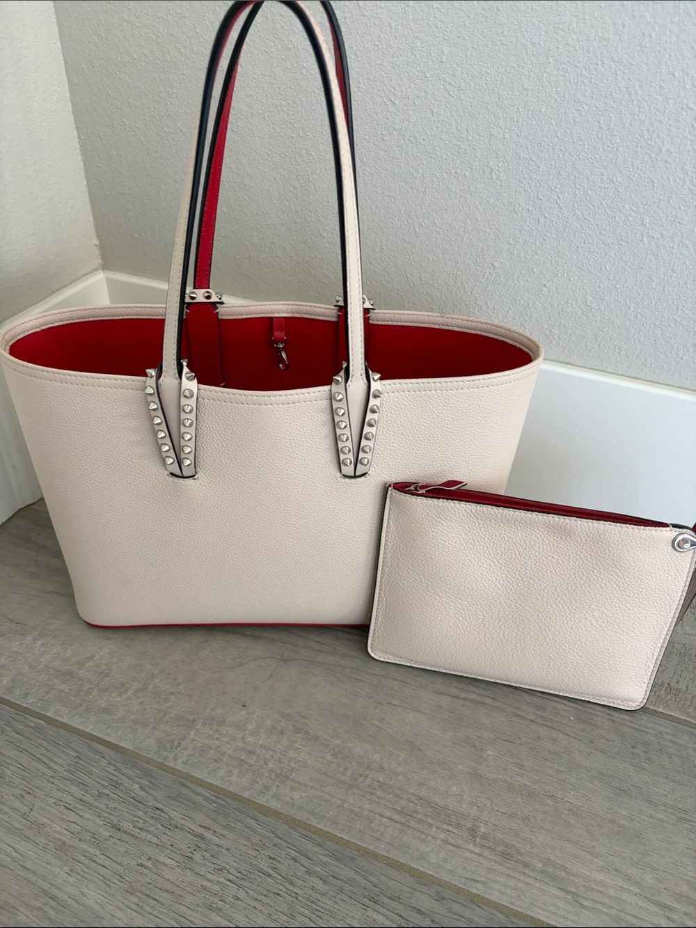 Christian Louboutin Cream Leather Tote with Red Lining and Pouch